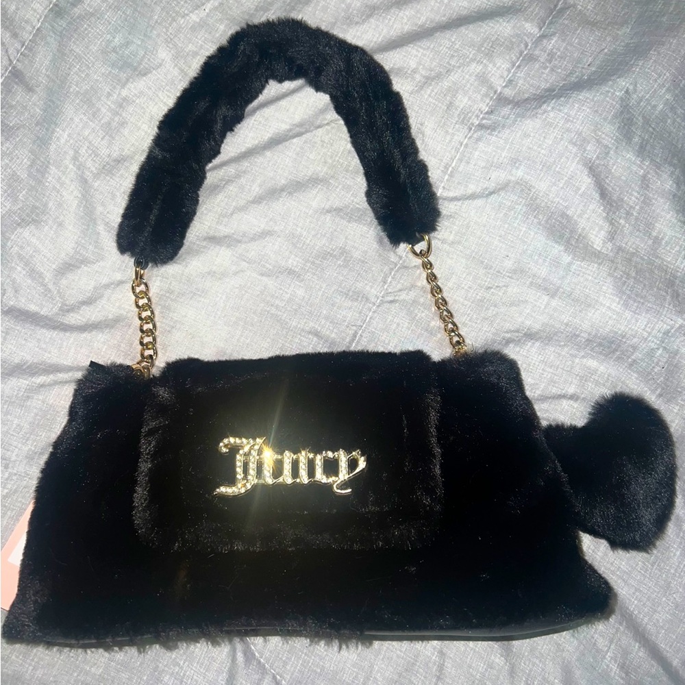 Juicy Couture | Black fuzzy shoulder bag with fuzzy heart charm